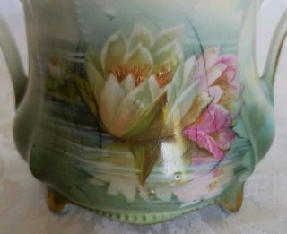 RARE R S PRUSSIA REFLECTING WATER LILY SUGAR BOWL HANDPAINTED,  FOOTED 5