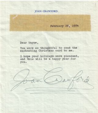 Joan Crawford - Typed Letter Signed 02/28/1974 - Rare,  Unique