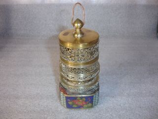 Rare Asian Candle Candlestick Holder Incense Burner Gold Tone Floral Design