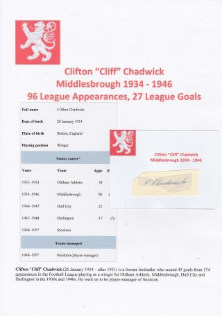 Cliff Chadwick Middlesbrough 1934 - 1946 Very Rare Signed Cutting/card