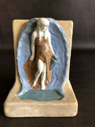 Rare Teco Marked Art Pottery Rebecca At The Well Bible Scene Bookend Book End