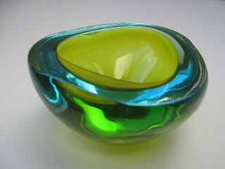Flavio Poli For Seguso Murano Sommerso Glass Geode Bowl Rare Blue Green Yellow