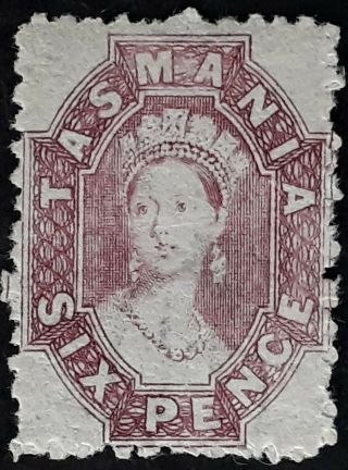 Rare 1865 - Tasmania Australia 6d Reddish Mauve Chalon Head Stamp Perf 12