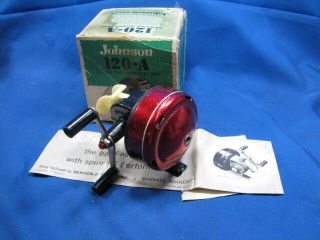 Johnson Centennial Spinning Reel Rare Red Mod.  120 - A W/box & Paperwork 1950 