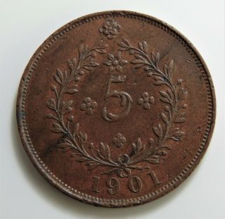 Rare Portugal Coin - King D.  Carlos I - 5 Reis Azores - 1901 Xf - - Km 16