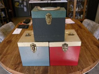 Three Vintage 45 Rpm Carrying Cases - - All Metal And Colorful - - - Rare