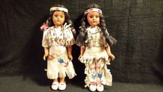 Vintage Rare Pair Native American Indian Girl Dolls With Baby Beads Suede Bands