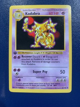 Rare Mint/nm Pokemon Kadabra 32/102 First Edition Base Set Card - Unplayed