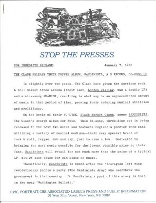 The Clash,  Rare Official Record Company Press Release,  January 7,  1980,  3 Pages