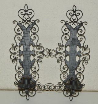 Vintage Black Wrought Iron Ornate 1970s Spanish Candle Holders Sconce Spain Rare