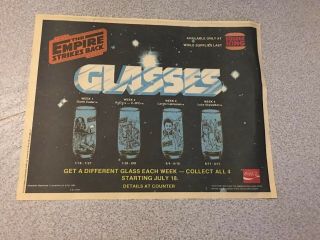 Star Wars Vintage Esb 1980 Burger King Glasses Promotional Paper For Tray Rare