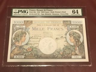 France French 1000 Francs 1940 Pmg 64 Unc Pick 96a Signed Favre Gilly Rare