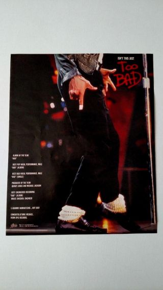 Michael Jackson Album Of The Yr.  " Bad " 1987 Rare Print Promo Poster Ad