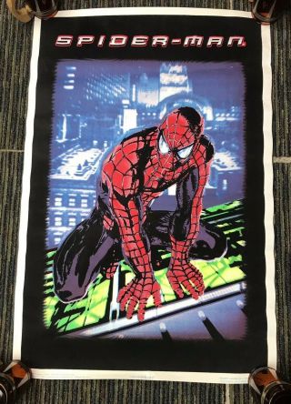 Rare Vtg 2002 Spider Man Movie Marvel Flocked Blacklight 35 " X23” Poster See Info