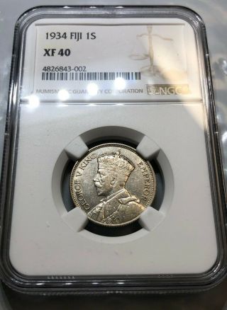 1934 Fiji 1 Shilling Silver George V Ngc Certified Xf40 Km 4 Low Mintage Rare