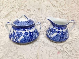 Vintage,  Rare,  Grimwades - England Blue Willow 3 - Pc Set,  Sugar Bowl And Creamer