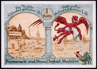 MadÜsee " Devil Vs.  Rooster " 1921 Rare 1 Mk German Notgeld Now Miedwiecko Poland
