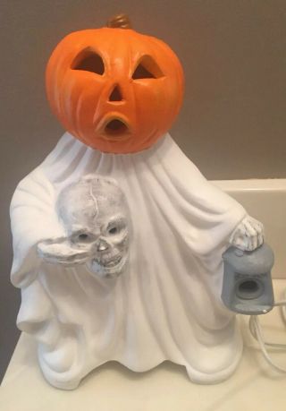 Vintage Halloween Ceramic Mold Pumpkin Head Ghost Holding Skull 1983 Rare