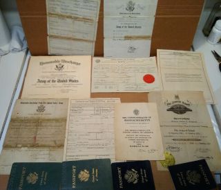 Rare Father & Son Records Discharge Papers.  Wwi & Korean War & Passports.  14pcs