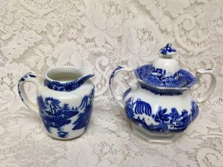 Vintage,  Rare,  Wedgwood - England Blue Willow 3 - Pc Set,  Sugar Bowl And Creamer