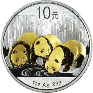 2013 China 10 Yuan 1 Oz Silver Panda.  999 With Gold Application Rare Coin