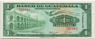 Rare 1948 Guatemala 1 Quetzal Banco De Guatemala P - 24 Banknote - B30