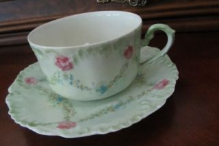 Rare - Limoges France Antique Porcelain Mustache Cup & Saucer - Pale Green/pink