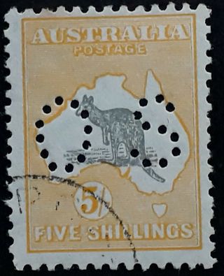 Rare 1929 - Australia 5/ - Grey &yellow Orange Kangaroo Stamp O S Perf Smwmk Cto