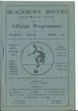 Rare Blackburn Rovers V Middlesbrough Prog 29/11/47 Division 1 1947/48