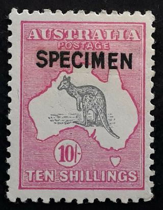Rare 1917 - Australia 10/ - Grey& Anline Pink Kangaroo Stamp 3rd Wmk B Specimen