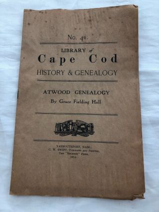 Rare Antique Library Of Cape Cod Ma 1914 Atwood History Genealogy Booklet Book