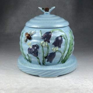 Rare Vintage Large Ceramic Blue Bee Hive Honey Pot W Lid Purple Flowers