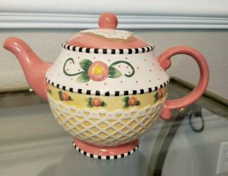 2001 Rare Mary Engelbreit Ceramic Teapot Flowers Pink Yellow