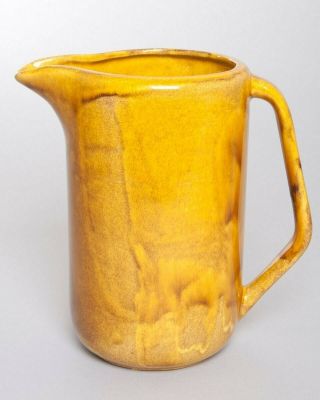 Rare Vintage Bauer Pottery Pitcher Retro Mustard Yellow 8.  5 " Tall Drip Glaze