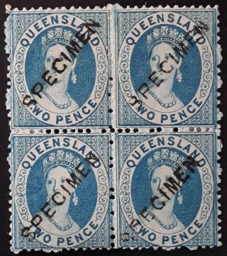 Rare 1871 - Queensland Australia 4x2d Grn Blue Chalon Head Stamps Specimen