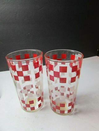 Rare Vintage Hazel Atlas Pair Water Glasses Sample With Label Nos Red White Chex
