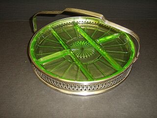 Rare Green 10 - 1/2 " Uranium Depression Glass 5 Part Divided Dish W Metal Carrier