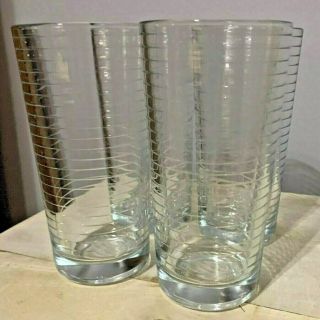 Vintage Rare Set Of 4 White Striped Clear Drinking Glasses 16 Oz Retro Look