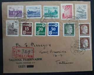 Rare 1941 Estonia (german Occpn) Registd Cover Ties 12 Stamps Canc Tallinn