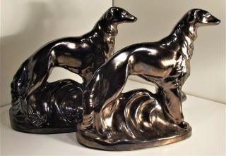 Rare Rosemeade Pottery Wolfhounds Bookends Metallic Bronze Glaze Lqqk