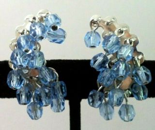 Rare Vintage Estate Signed Coro Blue Crystal 1 3/8 " Clip Earrings G705k