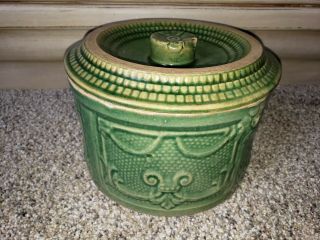 Rare Green Glaze Mccoy Butter Crock Swag Basket Weave Background Yellow Ware
