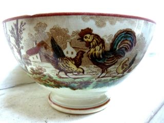 Rare French Majolica Bowl: Farm With Hen Cock,  House,  Chick,  Trus,  Duck; Signed