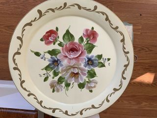 Vintage Round Ivory Tole Hand Painted Floral Metal Tray 19 1/2 " Wide Rare