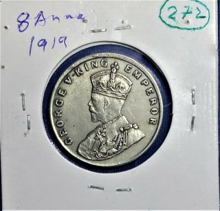 Extremely Rare British India Coin King George V 8 ANNA (Half Rupee) 1919. 4