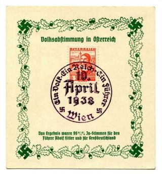Ww2 Germany/austria Special Cover 10 April 1938 Annexation Rare