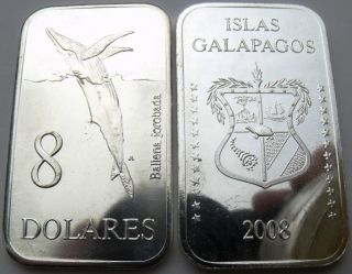 Galapagos 8 Doleares 2008 Whale 50x30 Mm Rare Unc Coin