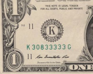 2013 K Series $1 One Dollar Bill Fancy Rare Trinary Six Of A Kind Trailing Note