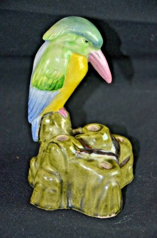Rare Colorful Vintage Ceramic Majolica Bird Flower Frog Japan 5.  75 "