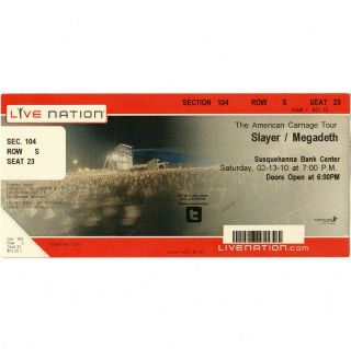 Slayer & Megadeth Concert Ticket Stub Camden Nj 2/13/10 Susquehanna Bank Rare